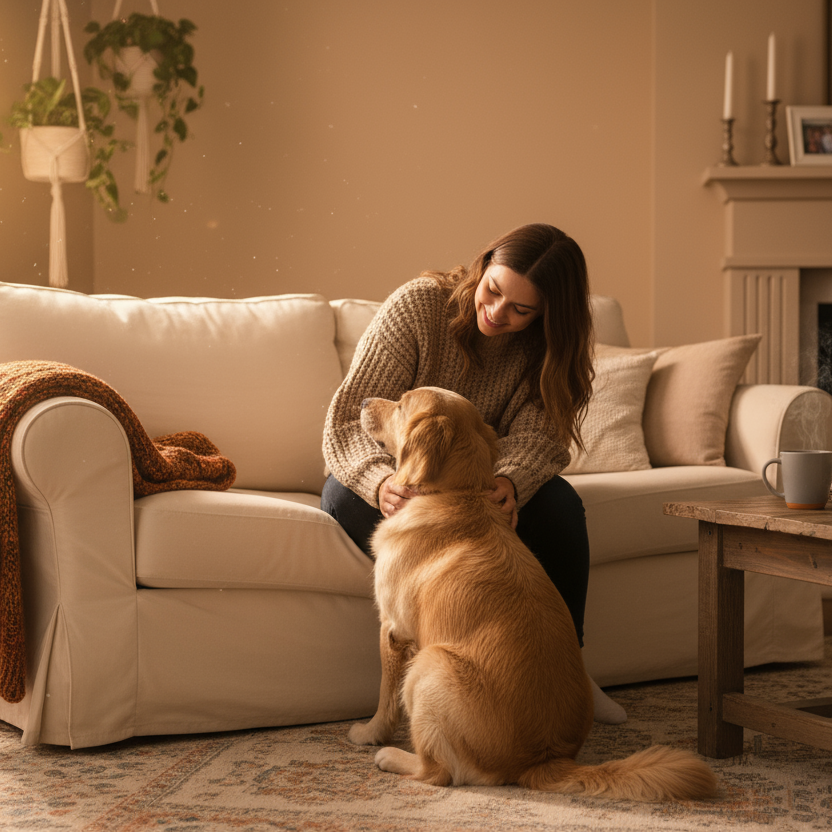 padrone in casa con un cane 